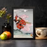Infidu vintage wall art featuring a gracefully dressed figure in traditional Japanese attire against a serene moonlit sky, with rich red and pink floral designs contrasting a soft gray and blue background. displayed on the wall art in a black frame