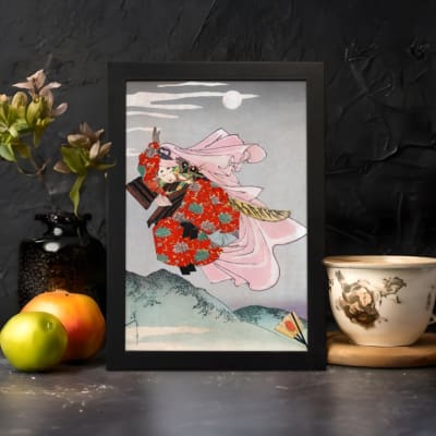 Infidu vintage wall art featuring a gracefully dressed figure in traditional Japanese attire against a serene moonlit sky, with rich red and pink floral designs contrasting a soft gray and blue background. displayed on the wall art in a black frame