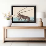Infidu vintage wall art featuring a detailed Japanese lobster design with flowing legs, fine lines, and soft beige and blue tones. displayed on the wall art in a black frame