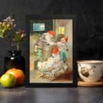 Infidu vintage wall art featuring a hand-painted cozy gnome scene with warm rustic colors, a glowing lantern, and a peaceful night sky view. displayed on the wall art in a black frame