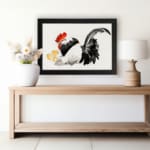 Infidu vintage wall art featuring a traditional-style rooster with two little chicks, set against a white background with bold black, white, red, and yellow tones. displayed on the wall art in a black frame