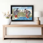Infidu vintage wall art depicting a traditional Japanese scene with two women in detailed kimonos, a flowing blue river, and blooming trees in soft, earthy tones. displayed on the wall art in a black frame