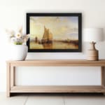 Infidu vintage wall art featuring a peaceful seascape with a large sailboat, warm sunset hues, and distant structures reflected in calm waters. displayed on the wall art in a black frame