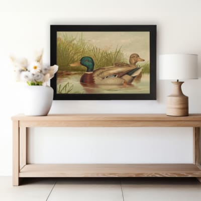 Vintage wall art of a peaceful duck pond scene with two ducks swimming, tall grass in the background, and soft earthy tones for a classic look. displayed on the wall