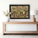 Vintage dog show art with various breeds in a classic exhibition setting, featuring warm earthy tones and nostalgic charm. displayed on the wall