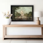 Infidu vintage wall art featuring the Taj Mahal with earthy tones of green, beige, and brown, framed by lush trees and a long pathway leading to the monument. displayed on the wall art in a black frame