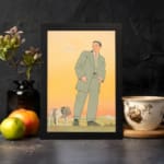 Vintage art of a man in a green suit standing with a bulldog against a warm orange and yellow background. displayed on the wall in a black frame