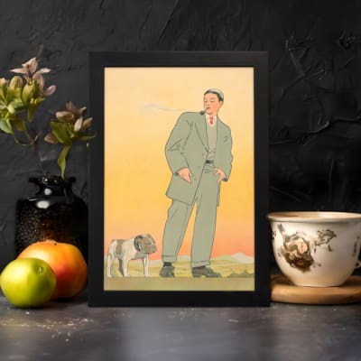Vintage art of a man in a green suit standing with a bulldog against a warm orange and yellow background. displayed on the wall in a black frame