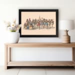 Vintage art of Indigenous people in traditional attire, gathered in a ceremonial scene with earthy colors and historical charm. displayed on the wall in a black frame