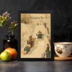 Vintage wall art of a nostalgic winter sledding scene with people in traditional winter clothing on a snowy slope, surrounded by trees. displayed on the wall in a black frame