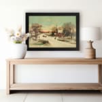 Vintage winter village wall art with snow-covered houses, a church, horse-drawn carriages, and a soft pastel sky for a nostalgic feel. displayed on the wall in a black frame