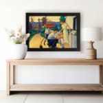 Vintage wall art of a loving early 20th-century family scene with warm colors, depicting a father, mother, and child in a nostalgic setting. displayed on the wall in a black frame