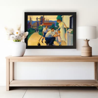 Vintage wall art of a loving early 20th-century family scene with warm colors, depicting a father, mother, and child in a nostalgic setting. displayed on the wall in a black frame