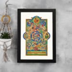 Vintage Celtic wall art with intricate medieval patterns in blue, green, gold, and red, featuring swirling shapes and mythical elements. displayed on the wall in a black frame