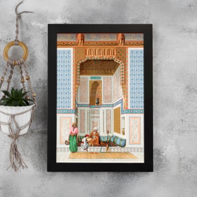 Vintage architectural wall art with historic figures, blue and gold tones, and a black frame for a classic and elegant look. displayed on the wall