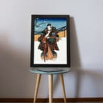 Vintage Japanese warrior in snowy landscape with rich colors, traditional robe details, and floral vintage art elements. displayed on the table in a black frame
