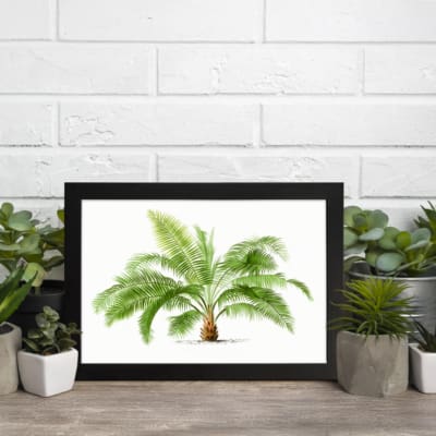 Vintage wall art with a detailed green palm plant in a black frame, featuring bright green leaves and a white background for a fresh, elegant look. displayed on the wall