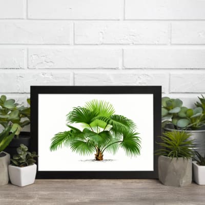Vintage wall art with a green palm plant, detailed leaves, a white background, and a black frame for a classic and elegant look. displayed on the wall