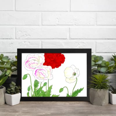 Infidu Vintage Floral Wall Art with red, white, and pink flowers in a black frame. displayed on the wall