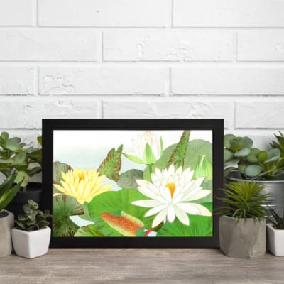 Vintage floral wall art with water lilies and green leaves, framed in black for a classic and elegant touch. displayed on the wall