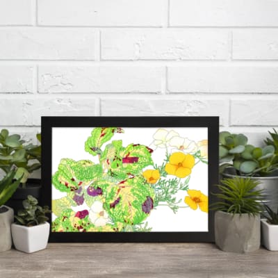 Vintage floral wall art with yellow flowers, green leaves, and a black frame on a white background. displayed on the wall