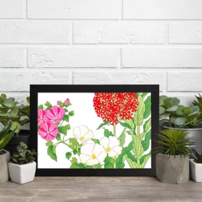 Infidu vintage floral wall art with pink, white, and red flowers, green leaves, and a black frame. displayed on the wall