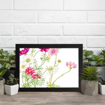Infidu Vintage Floral Wall Art with pink, white & red flowers, green leaves, and a black frame on a white background. displayed on the wall