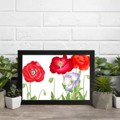Vintage floral wall art with red and purple-white poppies, green leaves, and a black frame on a white background. displayed on the wall