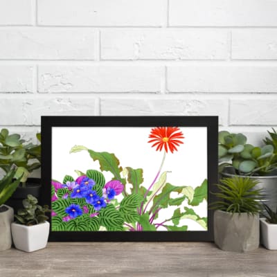 Vintage floral wall art featuring red, blue, and purple flowers with green leaves on a white background, framed in black for a classic look. displayed on the wall