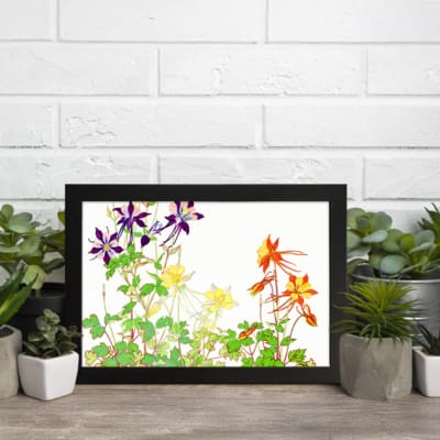 Infidu Vintage Floral Wall Art with purple, yellow, and orange flowers, green leaves, and a black frame on a white background. displayed on the wall