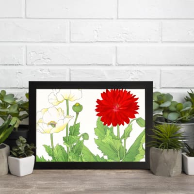 Infidu Vintage Floral Wall Art with red and white flowers, green leaves, and a black frame on a white background. displayed on the wall