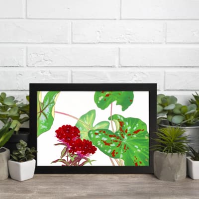 Infidu Vintage Floral Wall Art with red flowers and green leaves, framed in black for a classic look. displayed on the wall