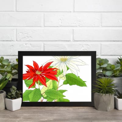 Vintage floral wall art with red and white flowers, green leaves, and a black frame on a white background. displayed on the wall