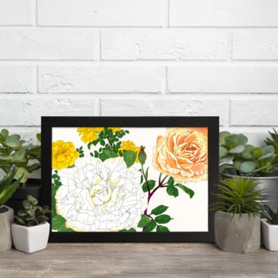 Infidu Vintage Floral Wall Art with yellow, orange, and white roses, green leaves, and a black frame on a white background. displayed on the wall
