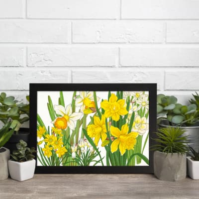 Infidu Vintage Floral Wall Art with bright orange flowers, dark green leaves, and a black frame on a white background. displayed on the wall