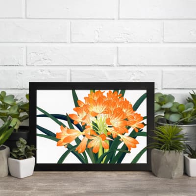 Infidu Vintage Floral Wall Art with bright orange flowers, yellow centers, dark green leaves, and a black frame on a white background. displayed on the wall
