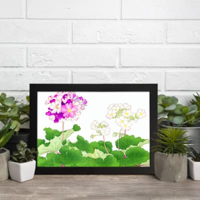 Infidu Vintage Floral Wall Art with pink, purple, and white flowers surrounded by green leaves on a white background, framed in black. displayed on the wall