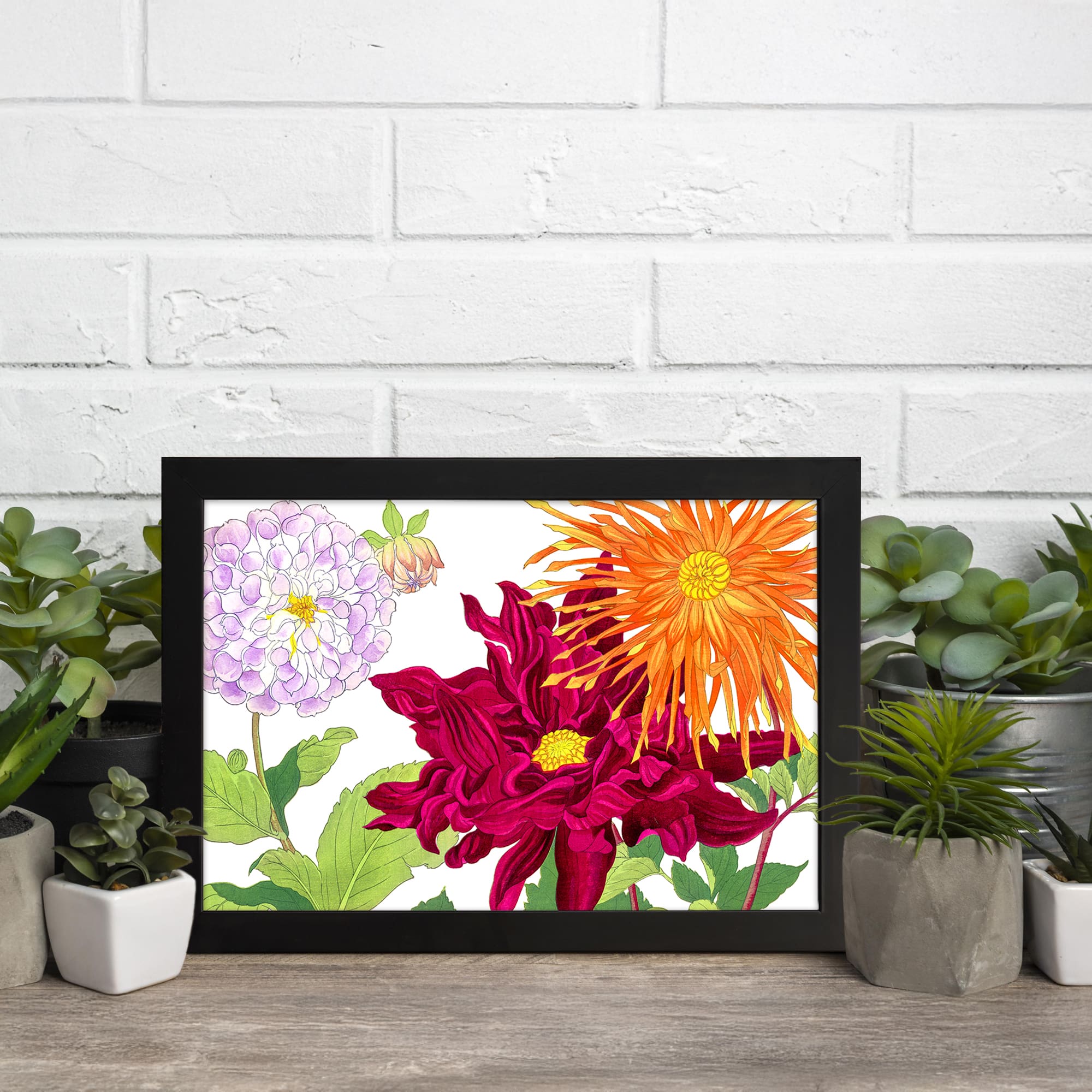 Infidu Vintage Floral Wall Art with colorful purple, orange, and red flowers, green leaves, and a white background in a black frame. displayed on the wall
