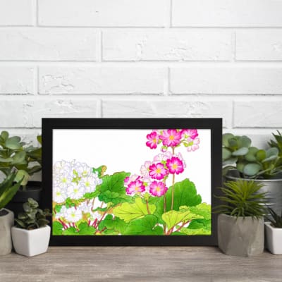 Vintage floral wall art featuring pink and white flowers with green leaves on a white background, framed in black for a stylish and elegant look. displayed on the wall