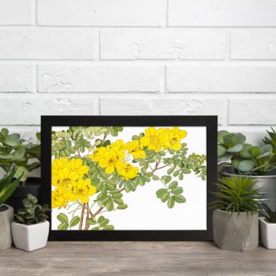 Infidu Vintage Floral Wall Art with yellow flowers, green leaves, and a black frame on a white background, adding a classic botanical touch. displayed on the wall.