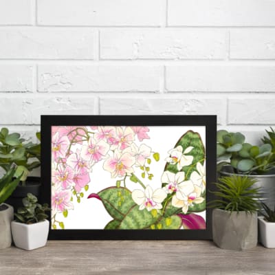 Infidu vintage orchid wall art with pink and white orchids and green leaves, framed in black for an elegant, timeless look. displayed on the wall