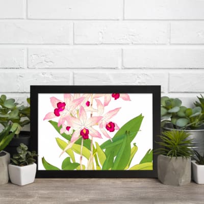 Vintage floral wall art with soft pink orchids, dark pink centers, green leaves, and a black frame on a white background. displayed on the wall