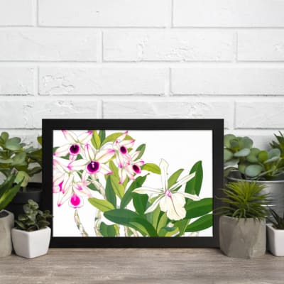 Vintage floral wall art with white and pink orchids, green leaves, and a black frame for an elegant and classic look. displayed on the wall