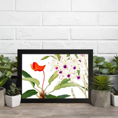 Infidu Vintage Floral Wall Art with white flowers, purple centers, and an orange flower, set against a white background with green leaves. displayed on the wall in a black frame