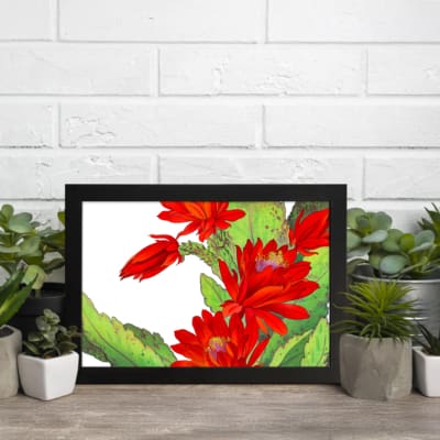 Vintage floral wall art with bold red flowers and green leaves on a white background, framed in black for a classic and stylish touch. displayed on the wall
