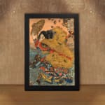 Infidu vintage wall art featuring a traditional Japanese figure in intricate, colorful attire holding a fan, with soft beige tones and flowing blue waves in the background. displayed on the wall art in a black frame