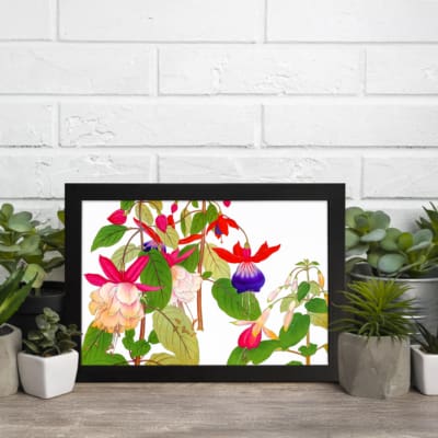 Infidu Vintage Floral Wall Art with pink, red, and purple flowers, green leaves, and a black frame on a white background. displayed on the wall