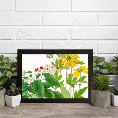Infidu Vintage Floral Wall Art with yellow, red, and white flowers, green leaves, and a black frame on a white background. displayed on the wall