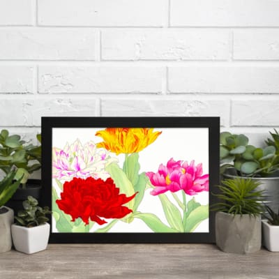Infidu Vintage Floral Wall Art with red, pink, yellow, and white flowers, green leaves, and a black frame on a white background. displayed on the wall