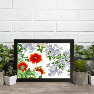 Infidu Vintage Floral Wall Art features red, yellow, and blue flowers with green leaves on a white background, creating a classic vintage look. displayed on the wall in a black frame